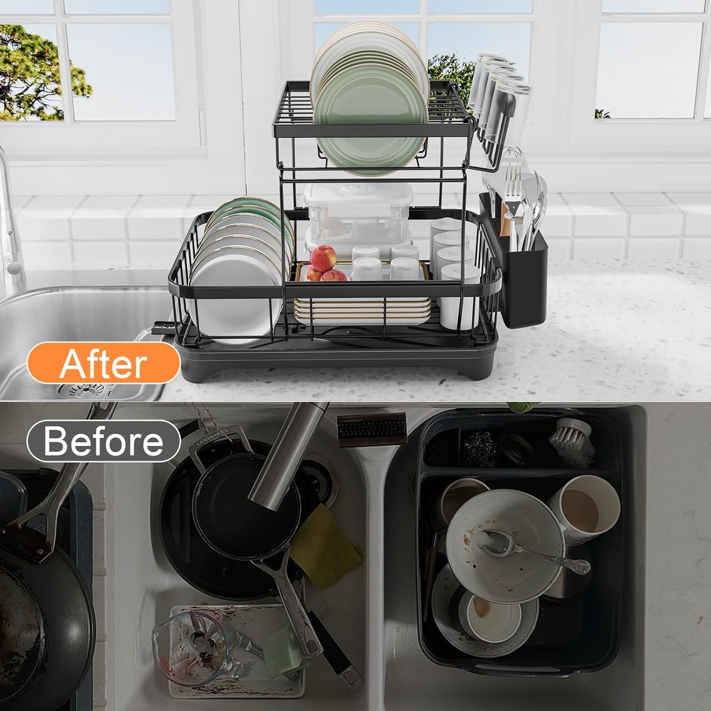 Dish Drying Rack Two-Tier Drying Rack with Utensil Holder, Auto-Draining Dish Rack for Kitchen Counter, Large Capacity for Plates, Bowls, Cups, Dish Drainer with Drainboard, Black