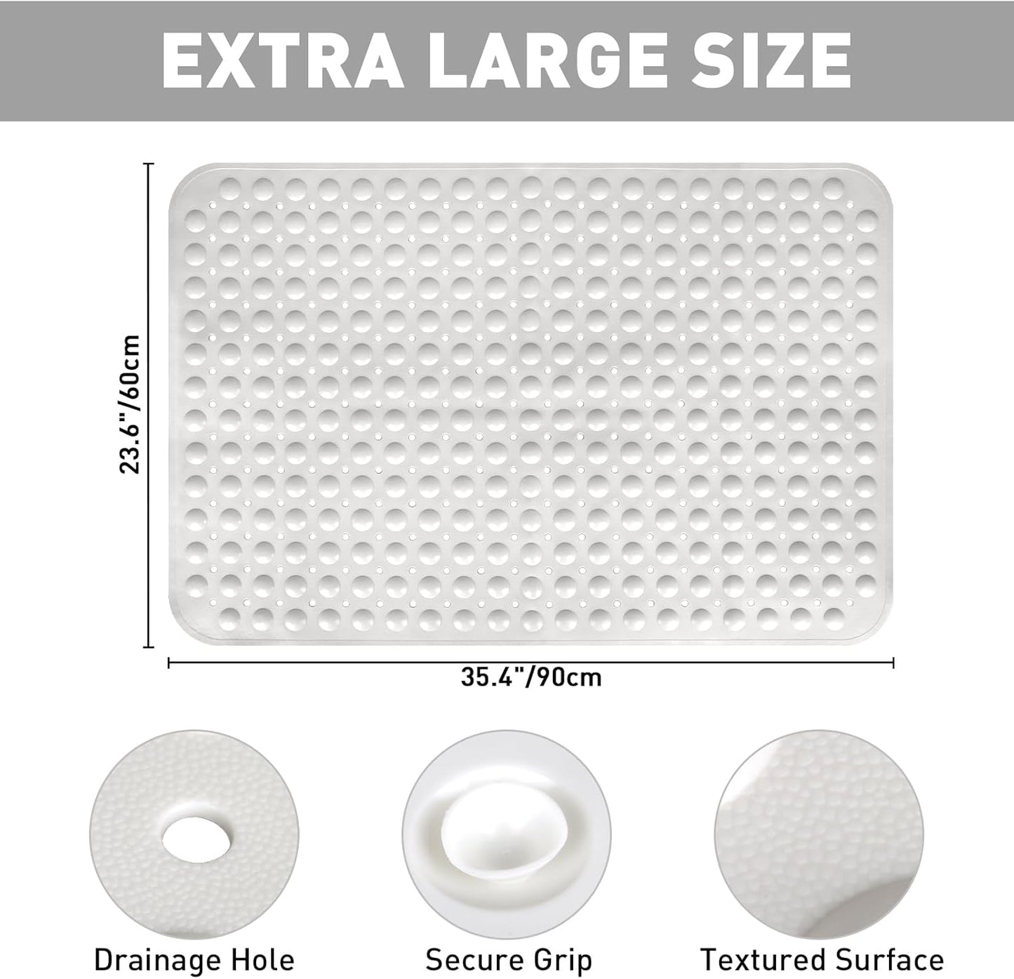 Shower Mat Non Slip: 35.4 x 23.6 Inch Extra Large TPE Shower Mats for Inside Shower - Anti Slip Shower Stall Matt with Drain Hole and Suction Cups for Elderly