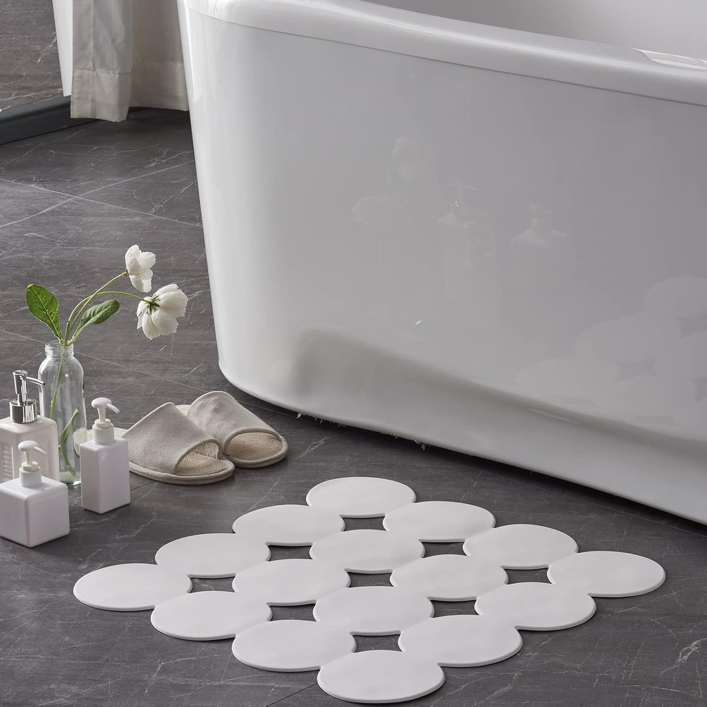 Square Shower Mat Nonslip - Rubber Bathtub Mat with Suction Cups for Inside Shower Bathroom Floor (White, 21X21”)