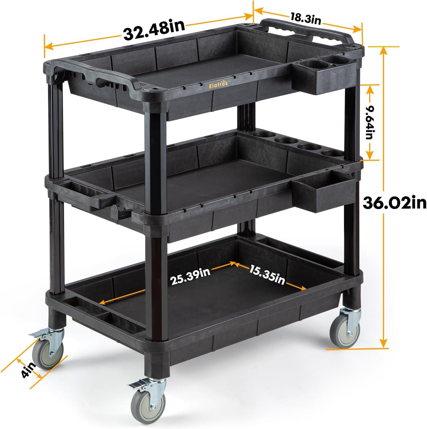 ELAFROS Multi-Use Utility Cart - 32.4x18.3 Heavy-Duty Service Cart with 3 Deep Shelves, Industrial-Grade Tool Cart Mobile Organizer, Rolling cart Holds up to 500 lbs, Black