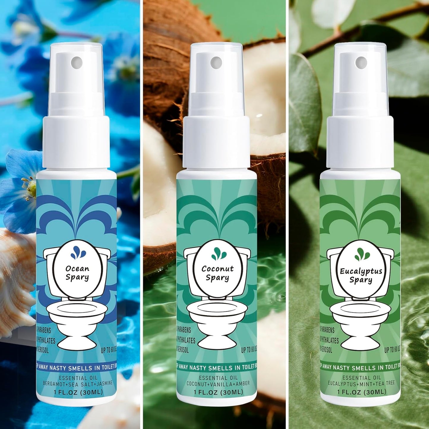 Toilet Spray for Poop 3 Pack, Travel Size Variety, Bathroom Odor Eliminator - Ocean Eucalyptus Coconut