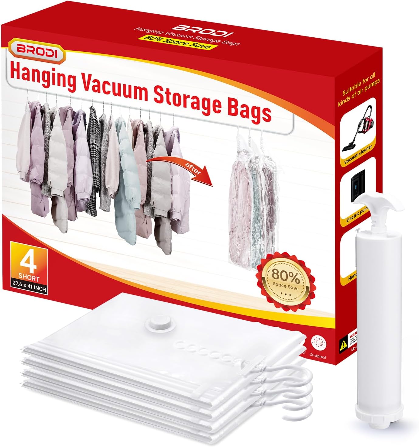 Hanging Vacuum Storage Bags For Clothes With Hand Pump,Coat Storage Bag Hanging,Vacuum Bags For Clothes,Space Saver Vacuum Storage Bags,Garment, Clothing, Dress, Suit, Long Coat, Jacket(Short 4 Pack）