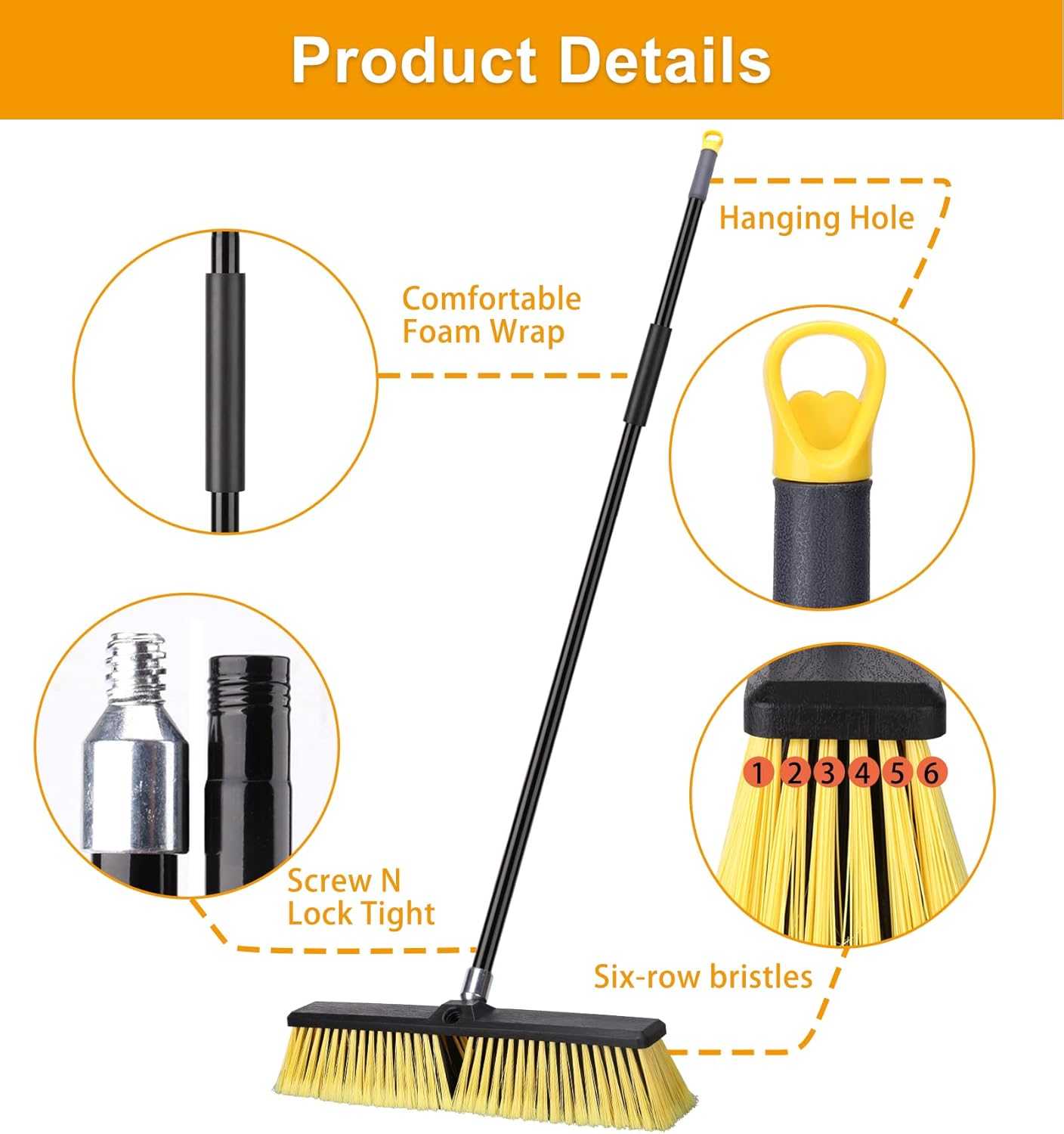 18 Inches Push Broom Outdoor- Heavy Duty Broom with 63" Long Handle for Deck Driveway Garage Yard Patio Concrete Floor Cleaning