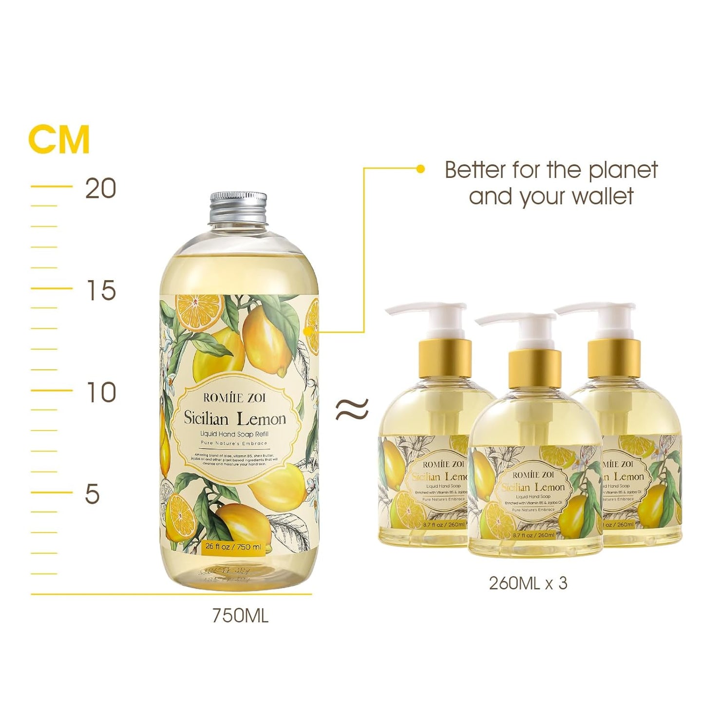 ROMIIE ZOI Lemon Scent Liquid Hand Soap Refills - Natural, Gentle & Moisturizing Formula - Family Size 3 Pack, Ideal for Liquid Soap Dispensers in Kitchen & Bathroom