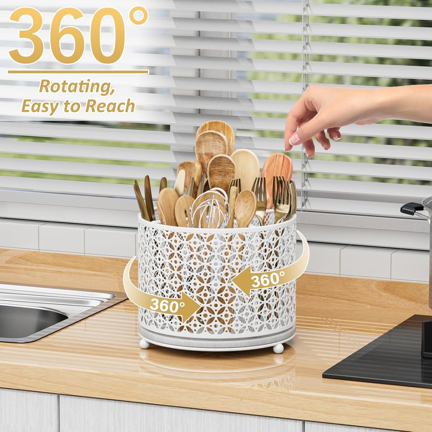 360° Rotating Kitchen Utensil Holder - Fast-Drying Utensils Caddy - 4 Compartment Flatware Silverware Organizer High Raised Cutlery Holder with Handle for Kitchen Countertop Party Picnic Table White