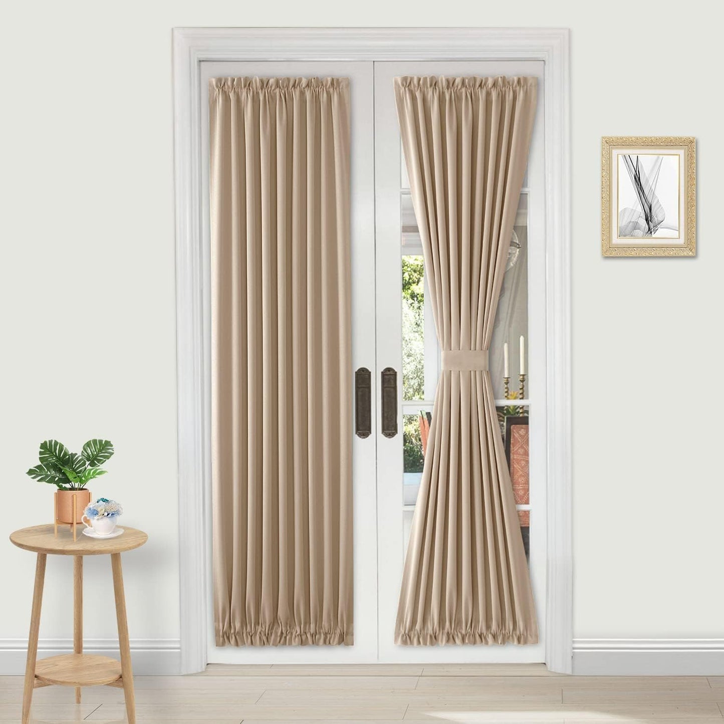 DWCN French Door Curtains – Rod Pocket Thermal Blackout Curtain for Doors with Glass Window, Kitchen and Patio Doors for Privacy, 25 X 80 Inches Long, 1 Curtain Panel with Tieback, Beige