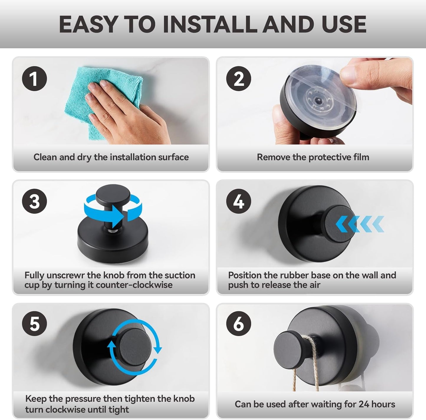 4 PCS Suction Cup Hooks for Shower, Stainless Steel No Drill Towel Hooks, Reusable Sticky Silicone Base for Bathroom Wall, Glass, Mirror, Tile to Hang Loofahs, Robes (Matt Black)