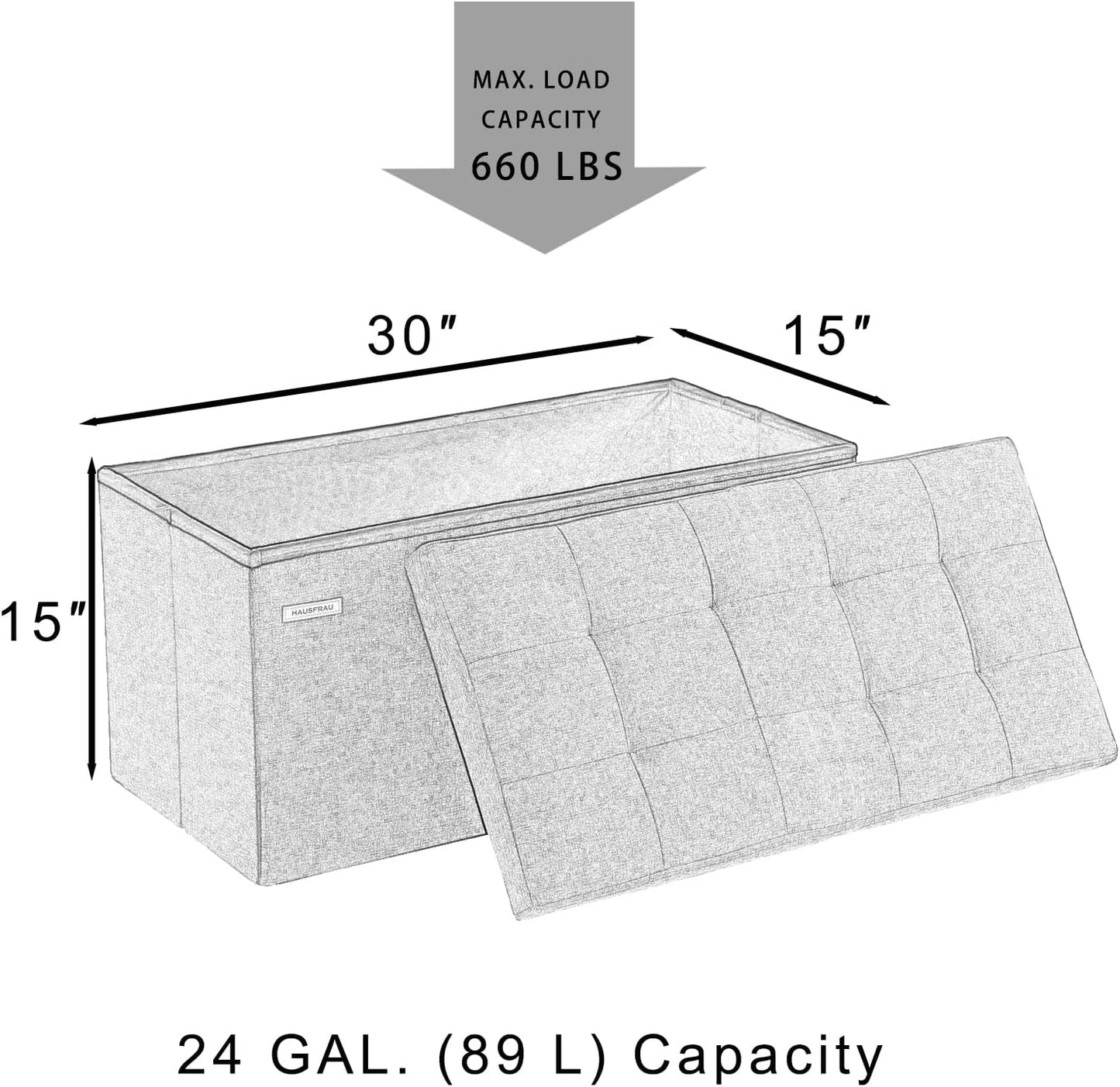 HAUSFRAU - 30 Inches Storage Ottoman Bench with Flipping Lid, Foldable Storage Chest Foot Rest for Living Room, Bedroom, Entryway, Load 660 lb, Synthetic Leather, Ivory