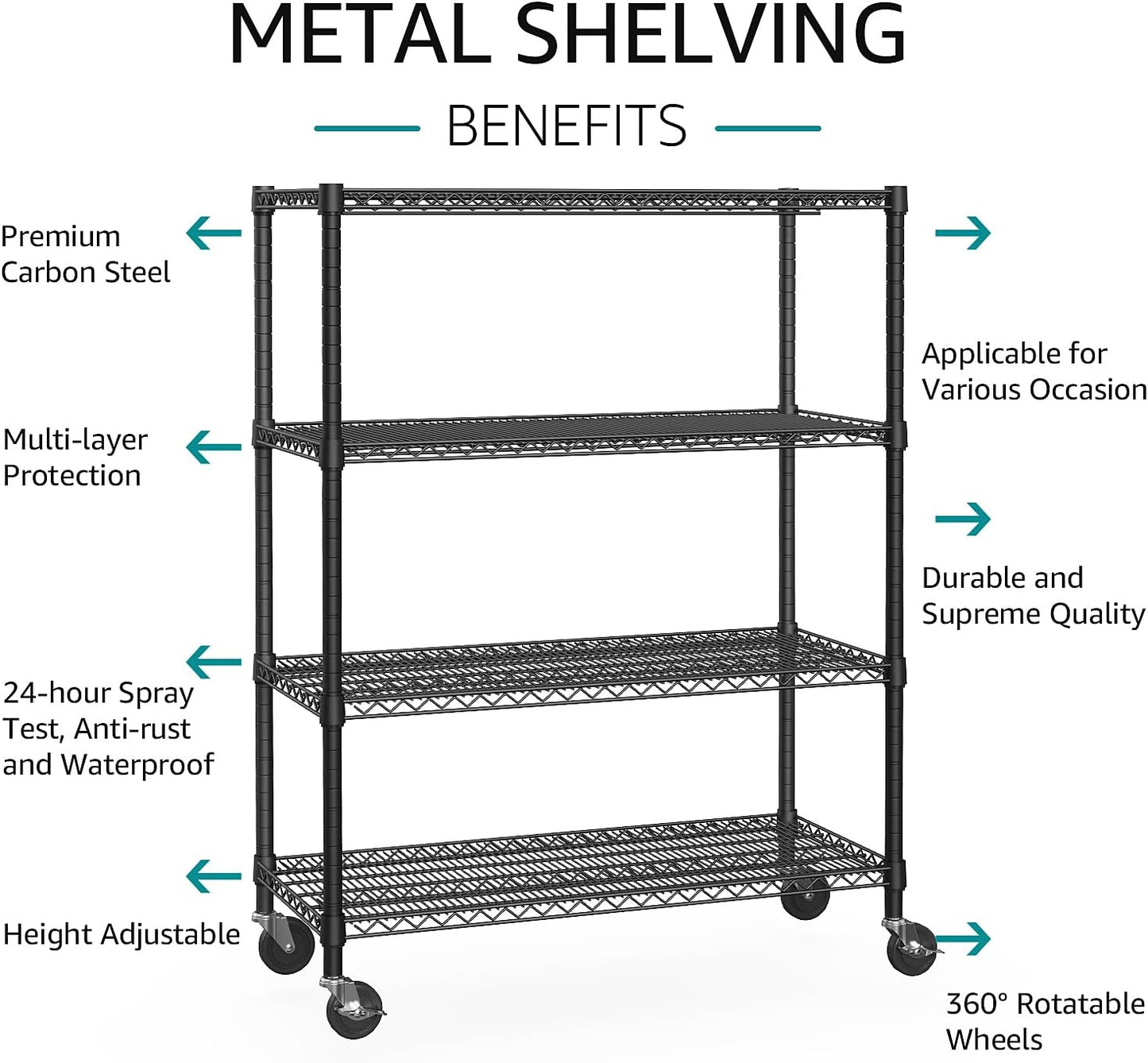 IZEUK Garage Shelving Wide Storage Shelves 4 Tier Metal Shelves 3200 LBS Heavy Duty Adjustable Utility Shelf Rack Black 23.6" D x 53.1" W x 73.6" H