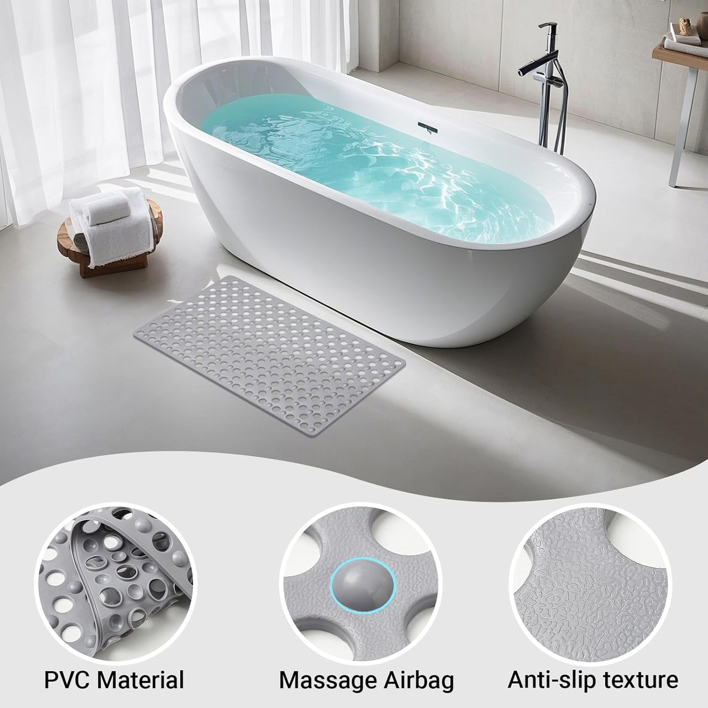 Non Slip Bathtub Mat and Shower Mat 31x17 inch,Bath Mat with Quick Dry Drain Holes and Suction Cups, Soft Comfortable Safe Bathroom Mat for Bath Tub, Floor, Tile (Grey)