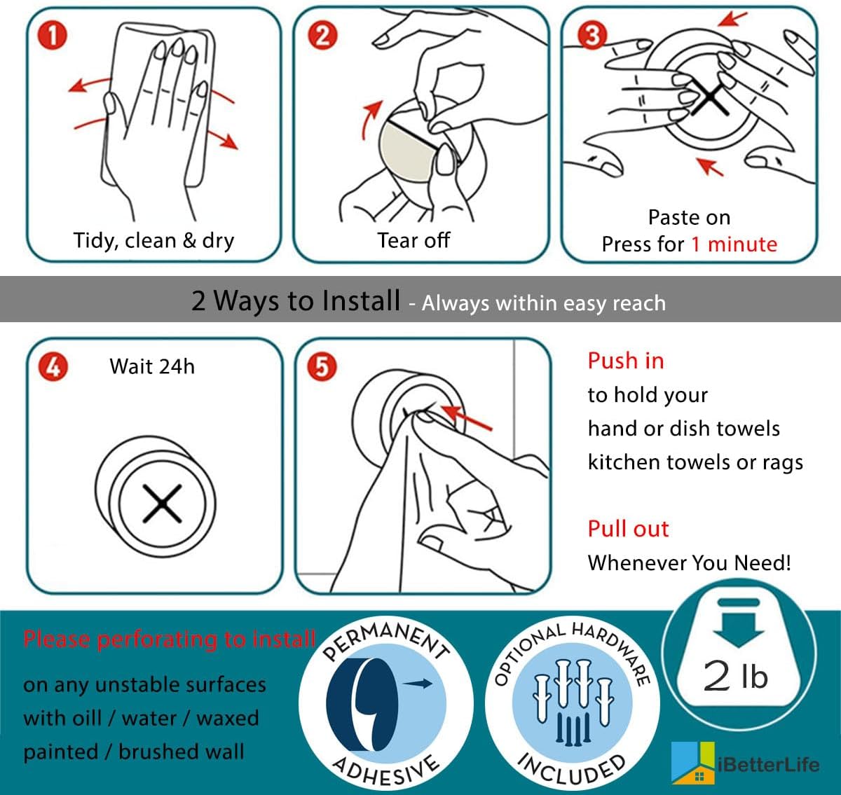 Adhesive Kitchen Dish Towel Hooks - 4 Pack iBetterLife Hand Towel Holder for Cabinet, Push Towel Hook, Dish Cloth Rag Holder for Home Bathrooms, Kitchens, Garages, RV, Within Easy Reach, Matte Black