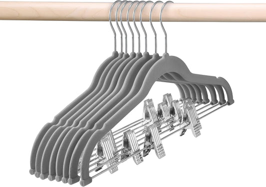 HOUSE DAY Velvet Skirt Hangers 12 Pack, Gray Velvet Pant Hangers with Adjustable Clips, Space Saving Slim Shorts Hanger, Heavy Duty Non Slip Clip Hanger for Pants, Skirts, Shorts
