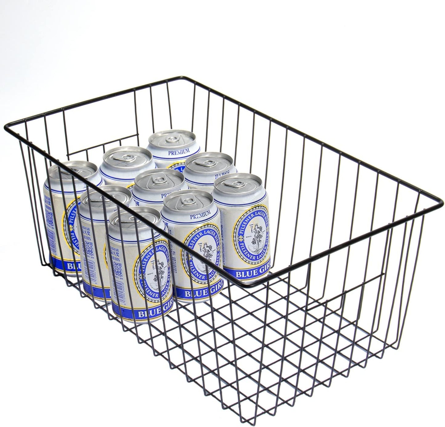 16inch Freezer Wire Storage Organizer Baskets, Household Refrigerator Bins with Built-in Handles, Black, 6PACK