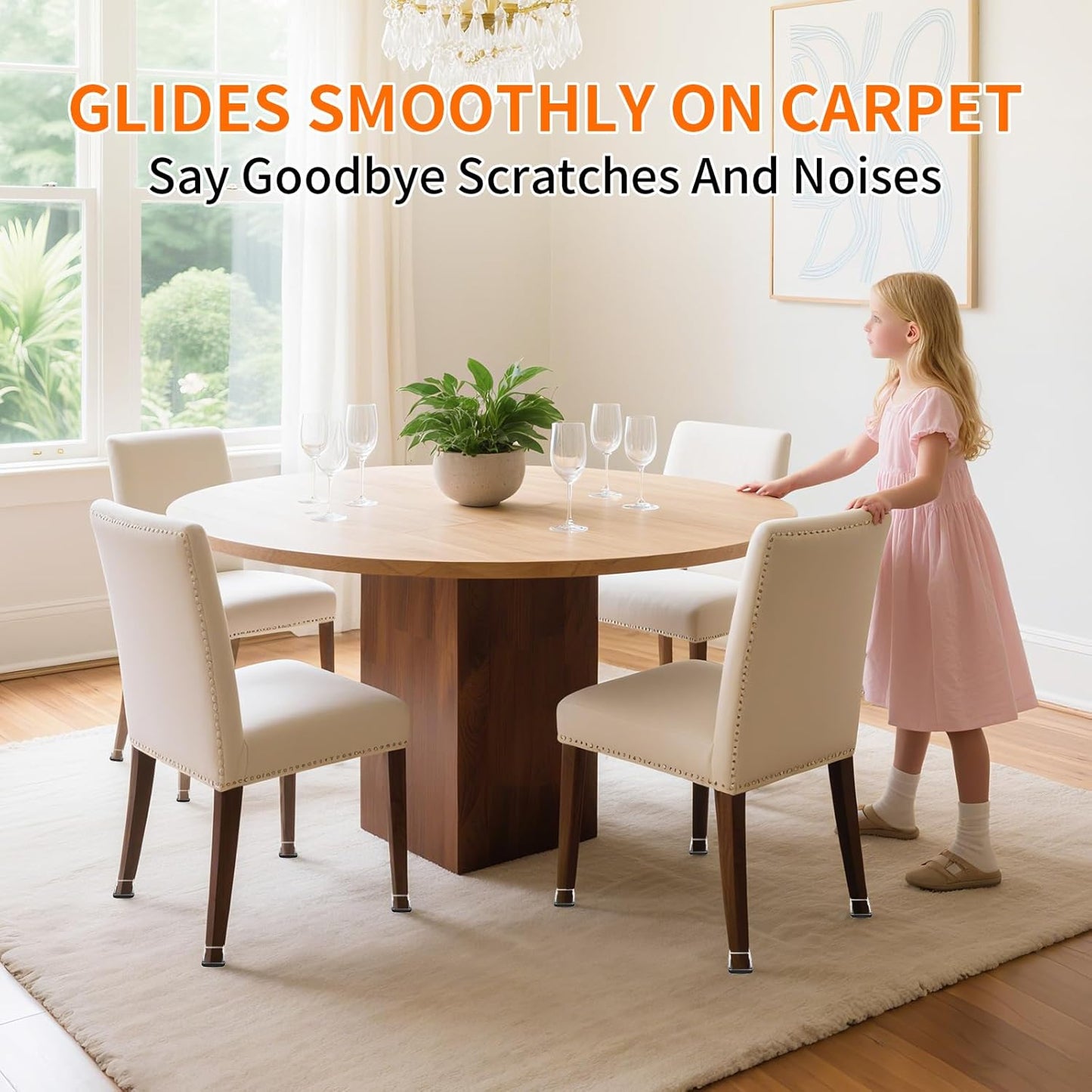 Ezprotekt 24 Pcs Chair Leg Sliders for Carpet, Square Clear Chair Glides Teflon Furniture Pads, Bar Stool Leg Protectors Caps for Rug - for Dining Table, Couch, Patio Legs (M Fit: 0.75" - 1")