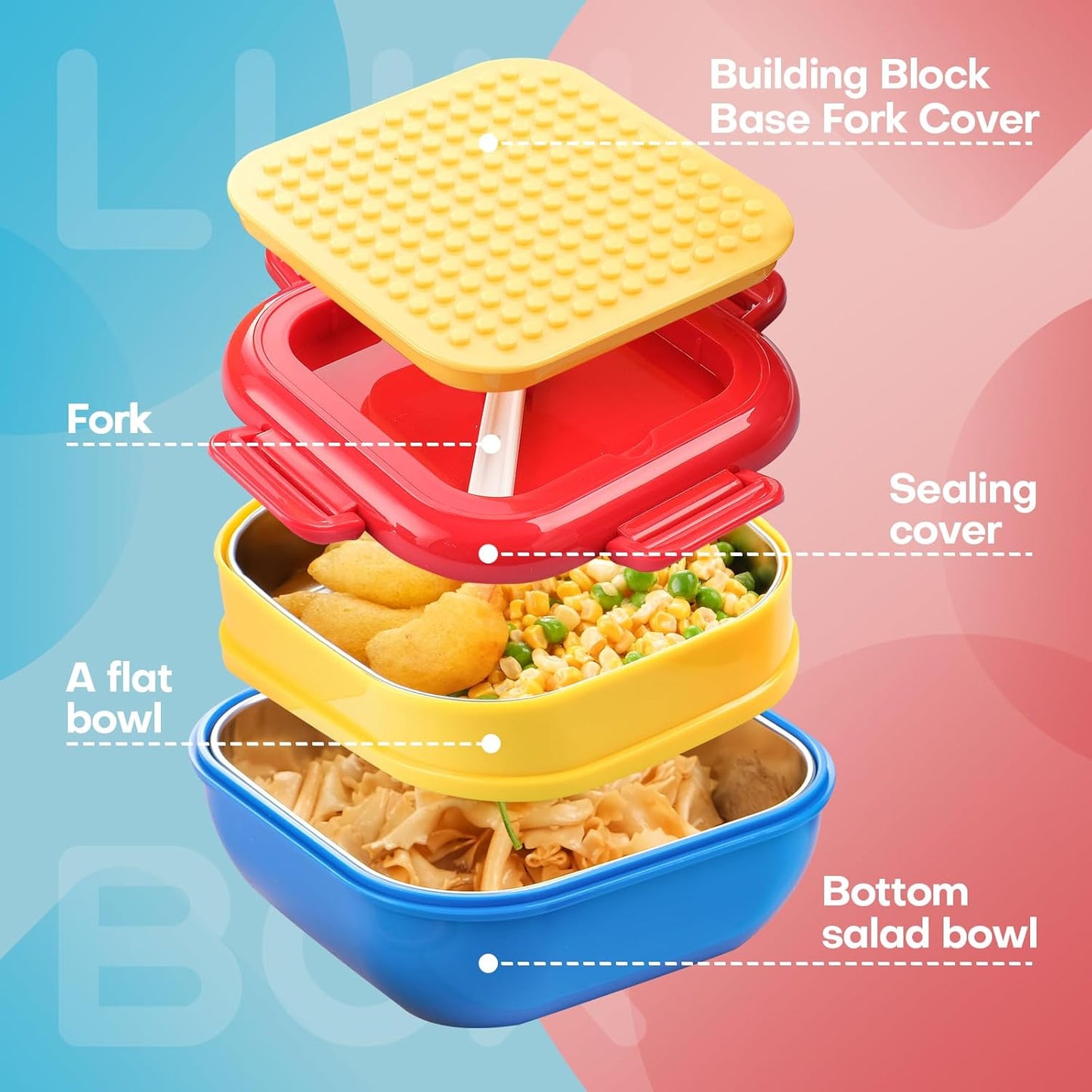 Lunch Box for Kids- Stainless Steel, Microwave Safe DIY Double Layer Leak-Proof Stackable Bento Container(19.5 oz)