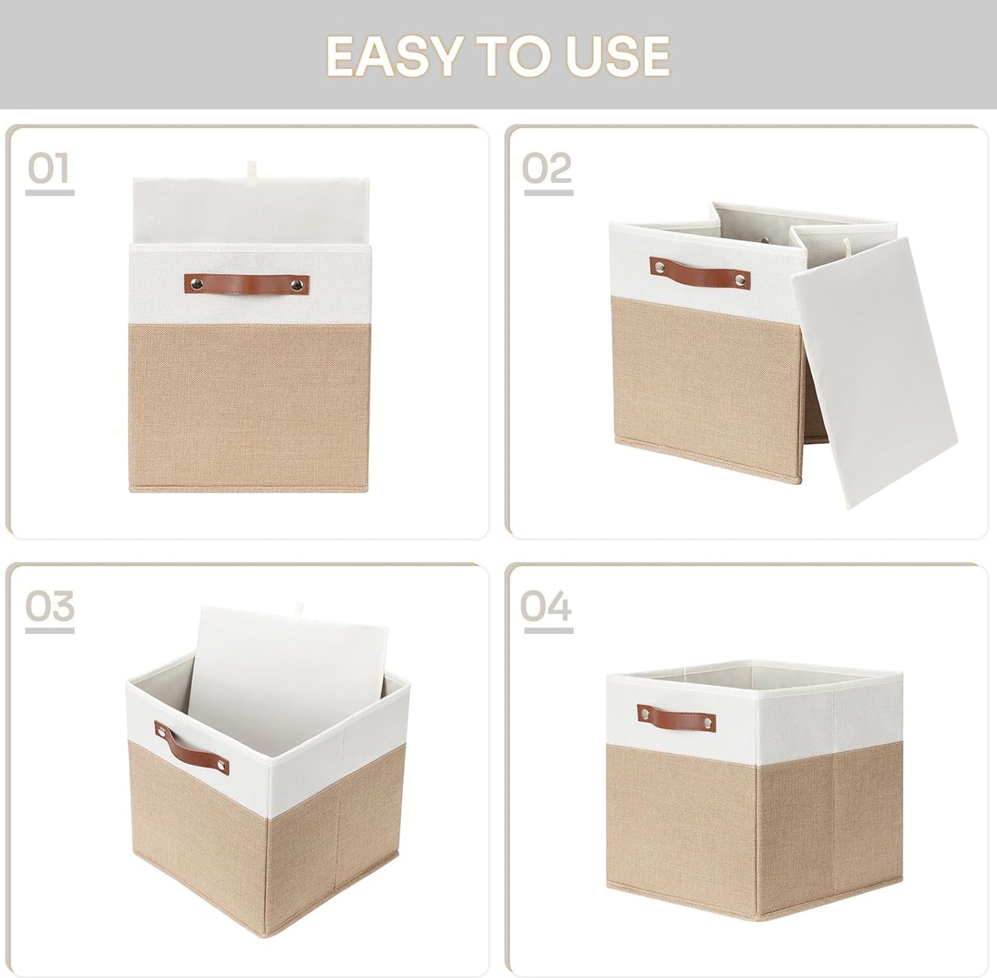 HNZIGE Fabric Baskets for Organizing 13x13 Storage Cubes, Set of 4 Fabric Foldable Canvas Storage Bins for Shelves, Cloth Storage Bins for Cube Organizers Toy Nursery Closet Bedroom?Beige&White?