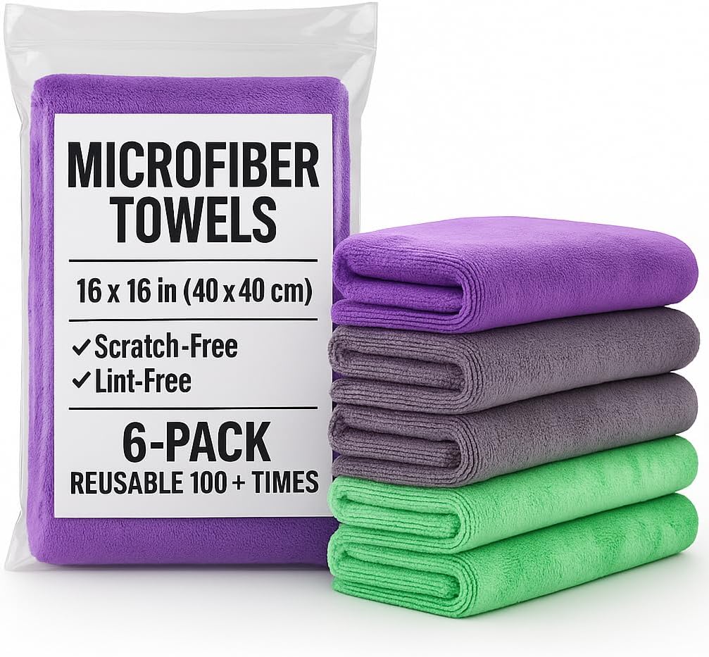 6 Pack Reusable Pak Details Micro Fiber Towels Car Detailing | 16x16 Ultra-Absorbent & Dual-Sided Car Microfiber Towel for Polishing, Wax Removal & Buffing | Lint & Streak-Free | Auto Cleaning Cloths