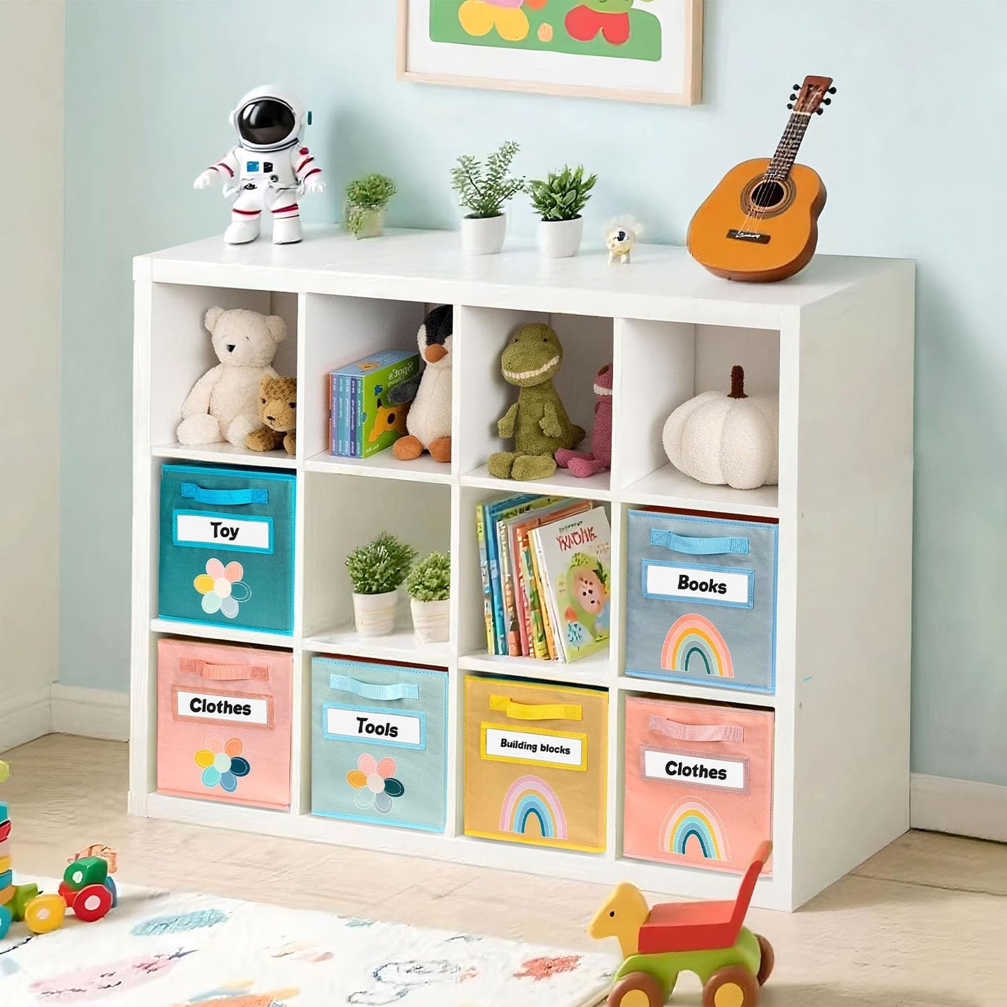 Cube Storage Bins, 6 Pack 11 Inch Fabric Storage Bins with Handle and Label Window, Foldable Storage Cubes, Colorful Fabric Bins for Kids Room, Classroom Organization and Storage, Clothes, Toys