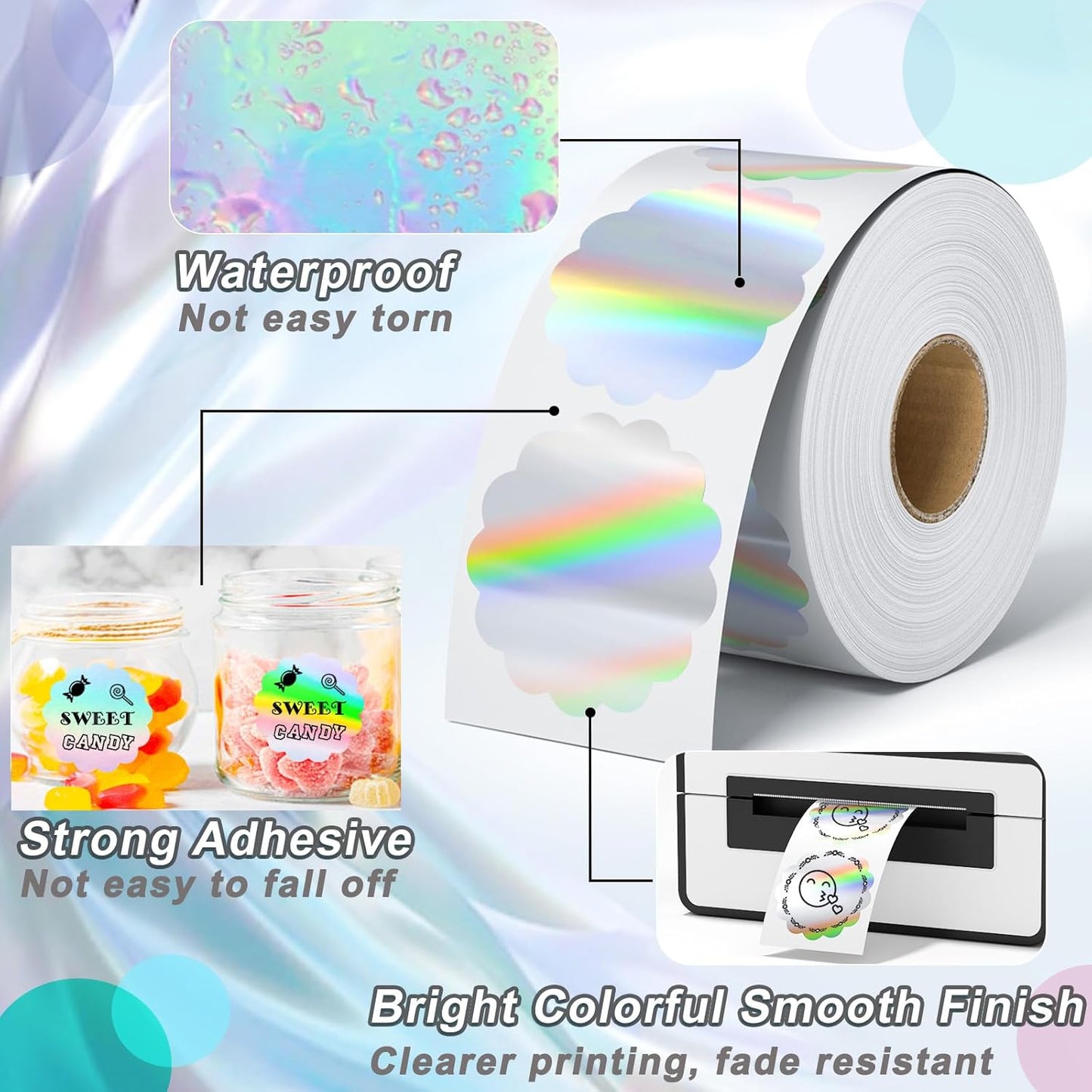 Flower Holographic Thermal Stickers 2 inch, 400 Labels for Logo, Name Tags, Thank You Cards, QR Codes, Compatible with Rollo, Zebra Printers