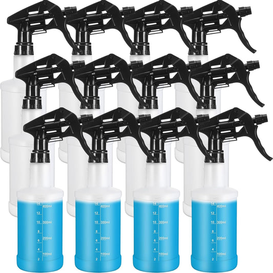 Eccliy 12 Pcs 16 Oz Plastic Spray Bottle, Adjustable Empty Reusable Sprayer for Cleaning, Planting, Water, Bathroom and Kitchen, BBQ, Commercial and Residential (Black Clear,Measurement)