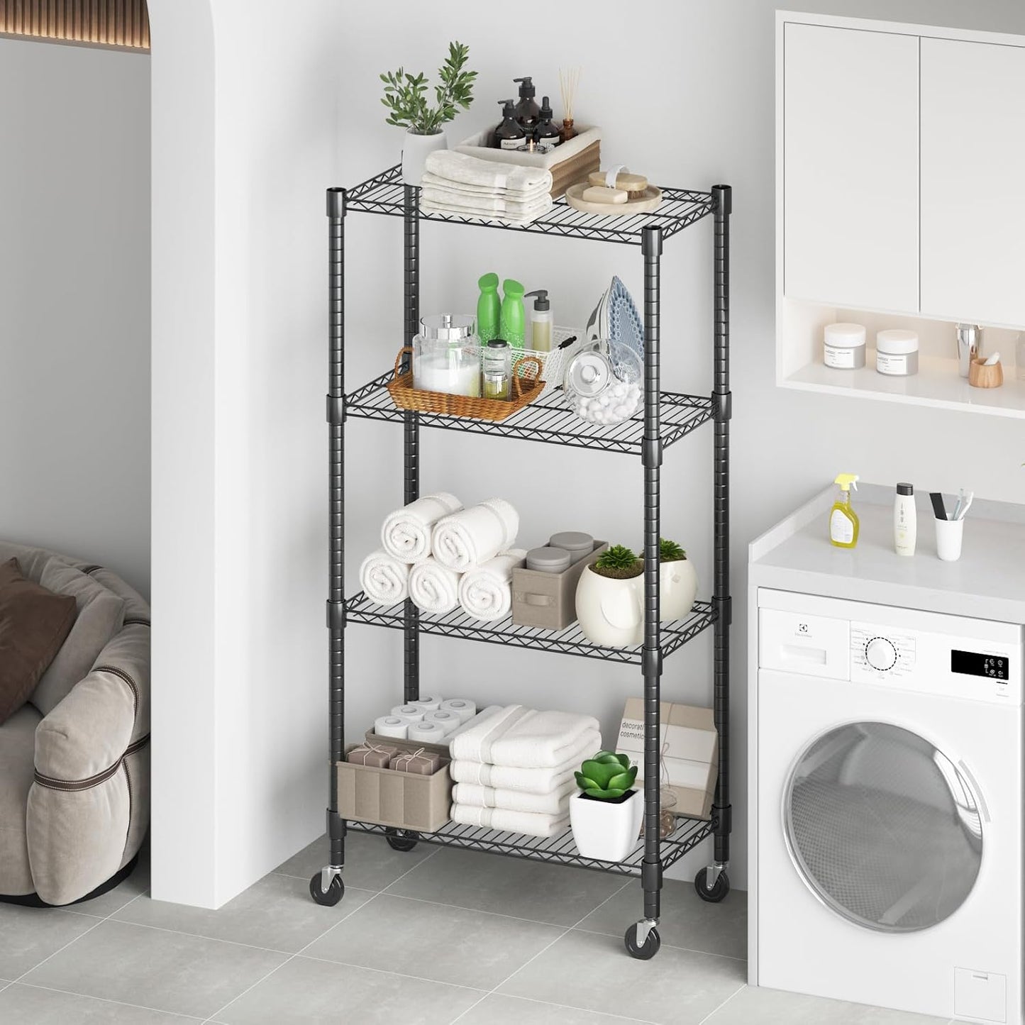 Himimi 72" H Wire Shelving Unit Storage, Metal Storage Shelves with Wheels, Heavy Duty Shelves with 4-Tier Adjustable Layer Rack Strong Steel for Kitchen Pantry Basement, 14" D×30" W×72" H, Black