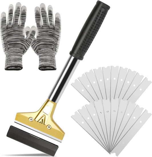 Razor Blade Scraper,Floor Scraper Tool with 20PCS Extra Blades,Paint Scraper Ideal for Cleaning Stove Top,Windows,Glass,Tiles,Wall,Labels.(4 in,Metal)