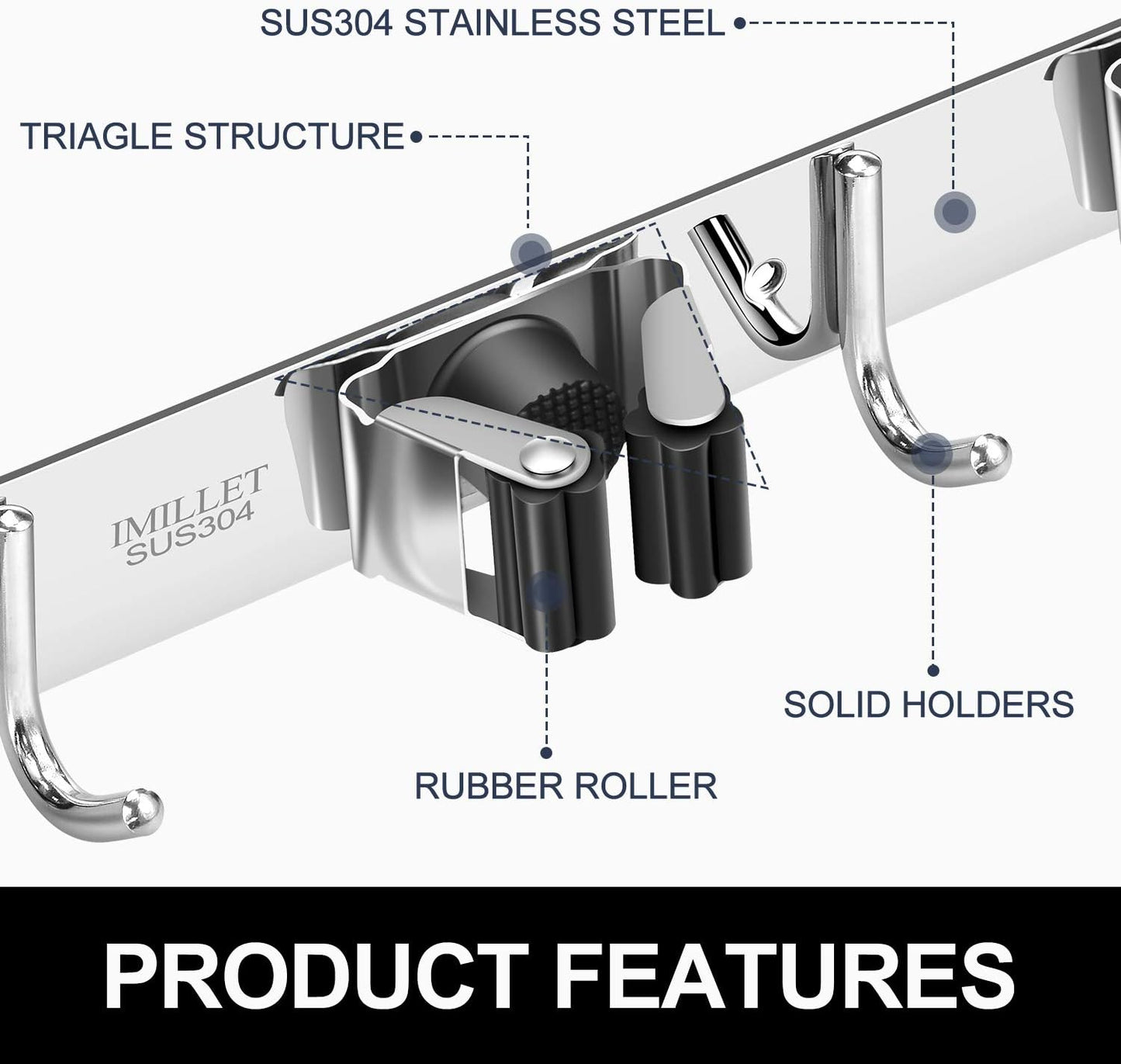 IMILLET Broom and Mop Holder Wall Mounted, Stainless Steel Broom Holder Mop Holder Self Adhesive Heavy Duty Hooks Storage Organizer for Home Laundry Room Garden Garage（3 Racks with 4 Hooks）