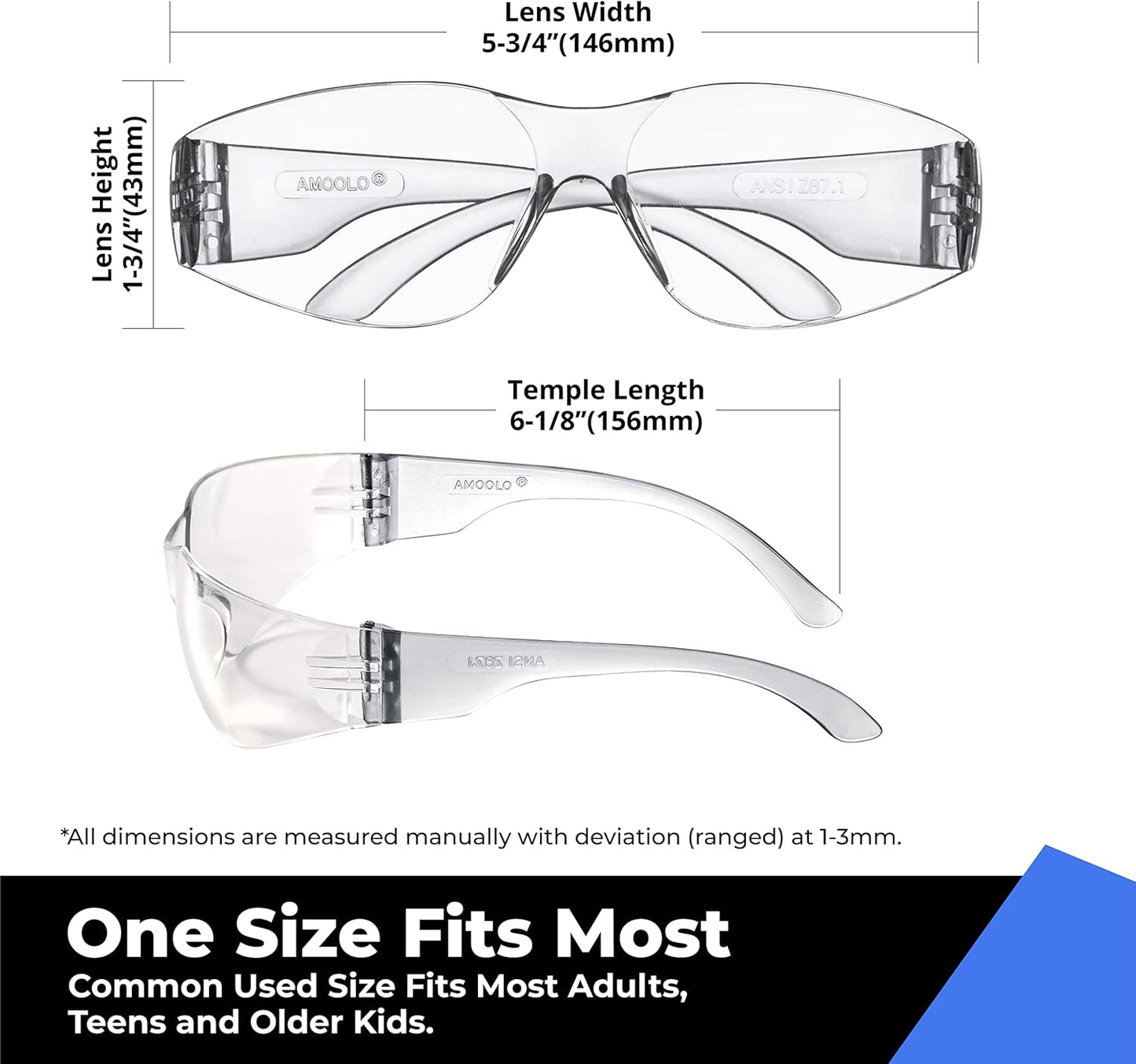 amoolo Clear Safety Glasses Bulk of 48, Protective Eyewear for Men Women, ANSI Z87.1 Impact Resistant Eye Protection for Work, Lab, Construction