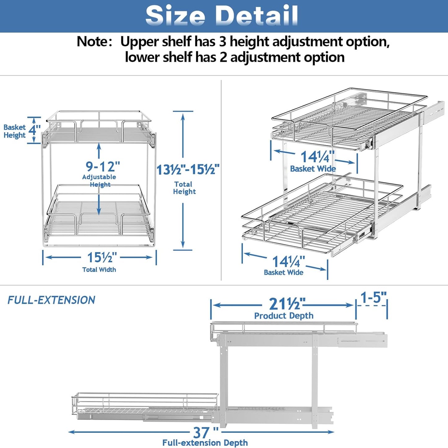 2 Tier Individual Pull Out Cabinet Organizer 15½" W x 21½" D, Heavy Duty Cabinet Pull Out Shelves, Slide Out Drawers Organization for Kitchen Cabinets Bathroom