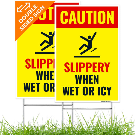 Caution Slippery When Wet or ICY Sign, (SI-84404) (2 Pack) Double Sided 12x18 Inches, Corrugated Plastic with Metal H Stake, Made in USA by Sigo Signs