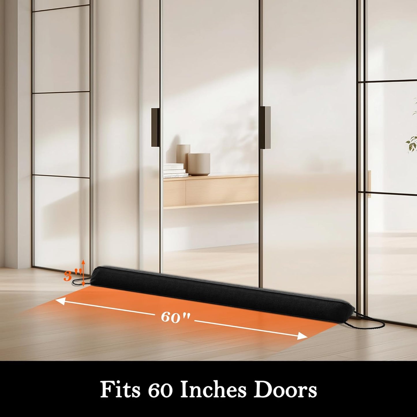 Sunolga 60" Door Draft Stopper Blocks Hot and Cold Air with Removable Washable Cover for Gaps Up to 3", All-Season Seal for Noise, Wind, Under Door Sweep for Bottom of Door, Home Essentials, Black