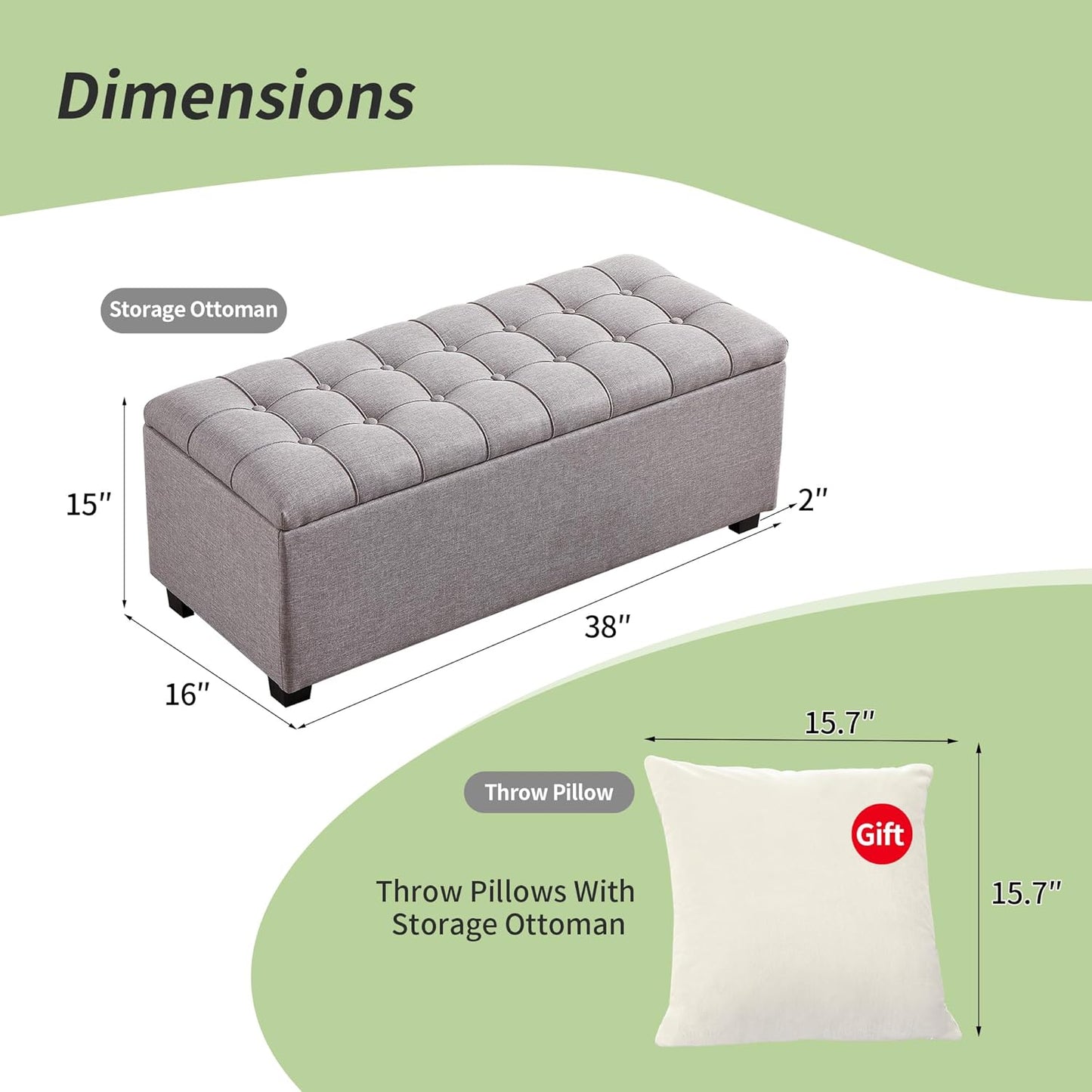 Ottoman with Storage 38 inches, Furniture End of Bed Storage Benches, Long Ottomans Bench with hinged lid, Bench seat Trunk for Foot Rest in Bedroom, Living Room (Gray)