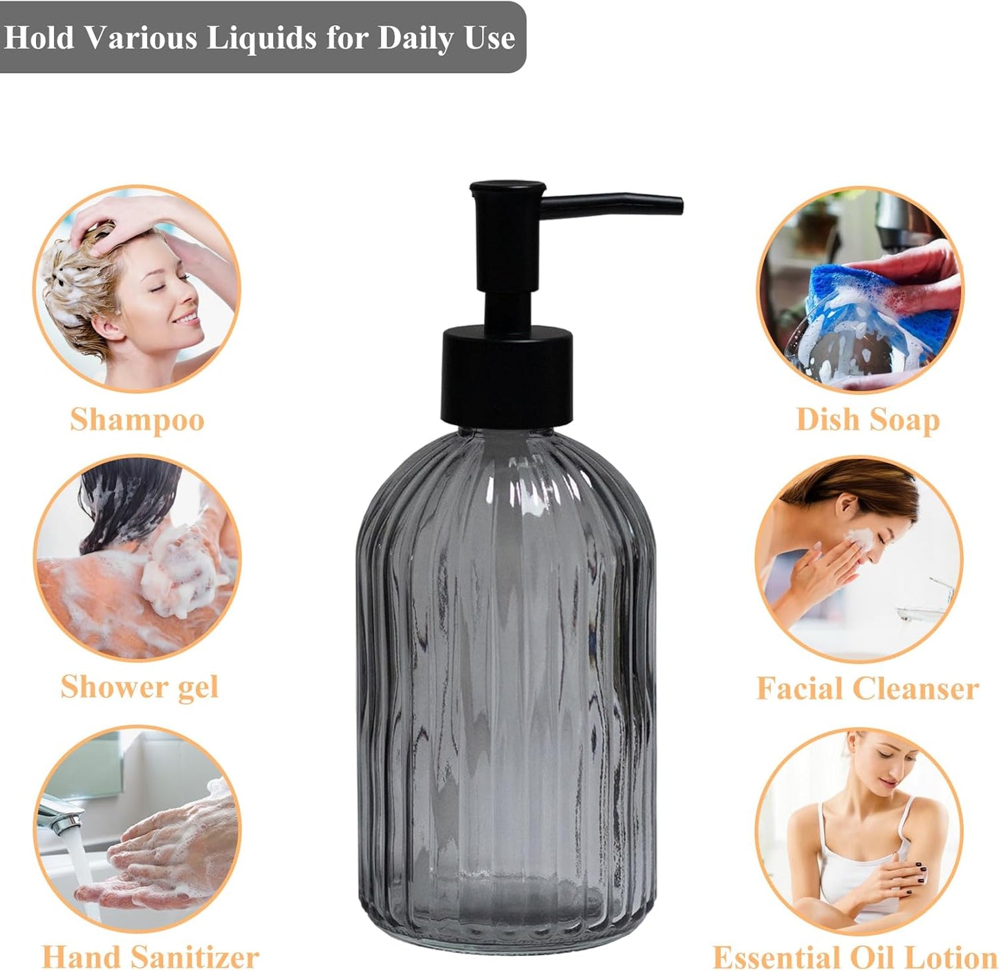 Grey Glass Soap Dispenser with Black Plastic Pump, 13.5oz Refillable Liquid Hand Soap Dispenser, Lotion Dish Soap Dispenser for Modern Home Decor, Bathroom, Kitchen Countertop, Hotel