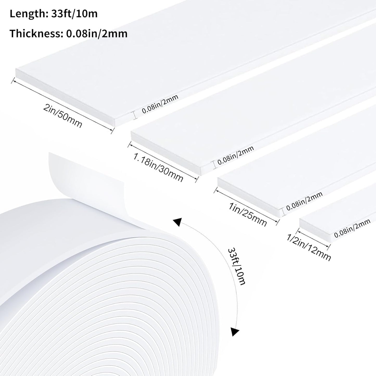 Strong Adhesive Door Weather Stripping,2Inch Wide X 1/13 Inch Thick,Foam Insulation Tape,Air Conditioner Foam,Window Soundproof Weatherproof,Total 33 Feet Long