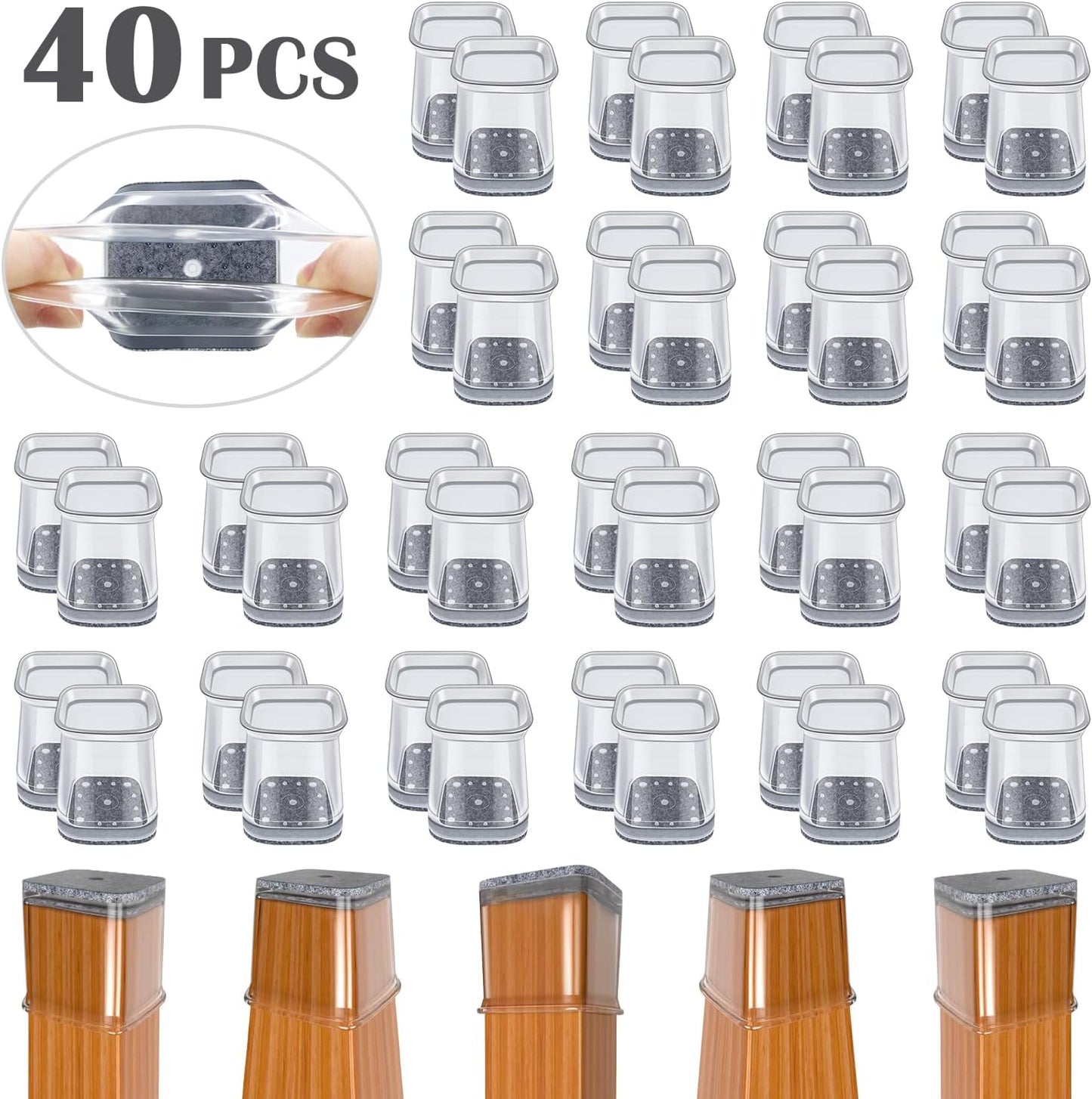 BUMACO Chair Leg Floor Protectors Square Chair Leg Protectors for Hardwood Floors Silicone Pads Covers to Protect Floors Clear-40 Pcs Square S Fit (3/4" to 1")
