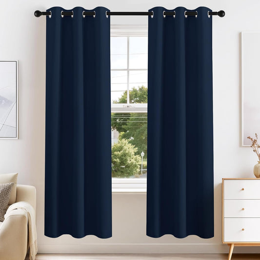 PONY DANCE Navy Blue Blackout Curtains for Bedroom 63 Inch Length 2 Panels Set, Thermal Insulated Energy Saving Grommet Top Window Treatment Drapes for Living Room, W34 x L63 Inch