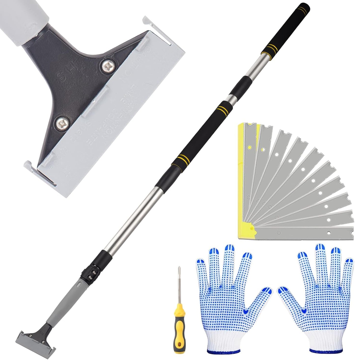 Floor Scraper Telescopic Pole,38 to 82in Heavy Duty 4Inch Razor Blade Long Handle Floor Scrapers Metal Paint Scraper with 10PCS Extra Metal Blades Paint Scraper (Gray, Telescopic 6Feet)