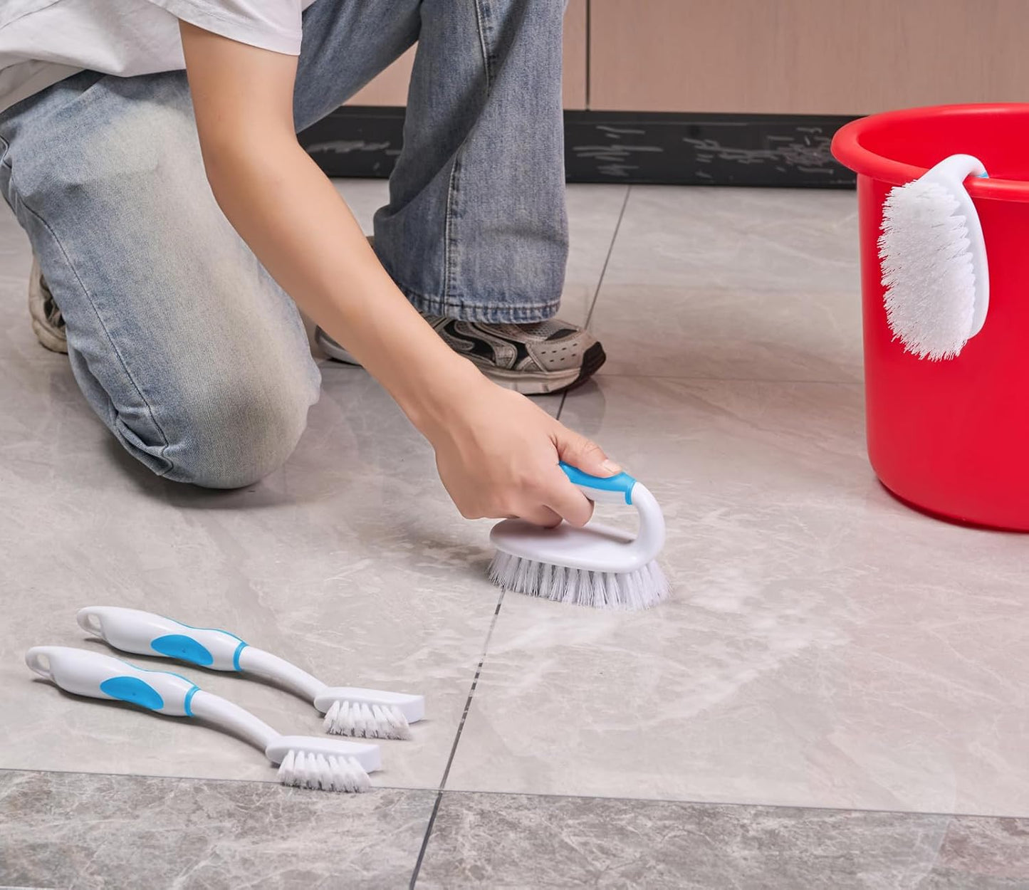 Scrub Brush Set, 4 Pack Deep Cleaning Brush Kit - 2 Scrub Brush, 2 Tile & Grout Brush with Built-in Scraper, Household Commercial Scrubber for Floor, Shower, Pool Wall, Tub (Blue)