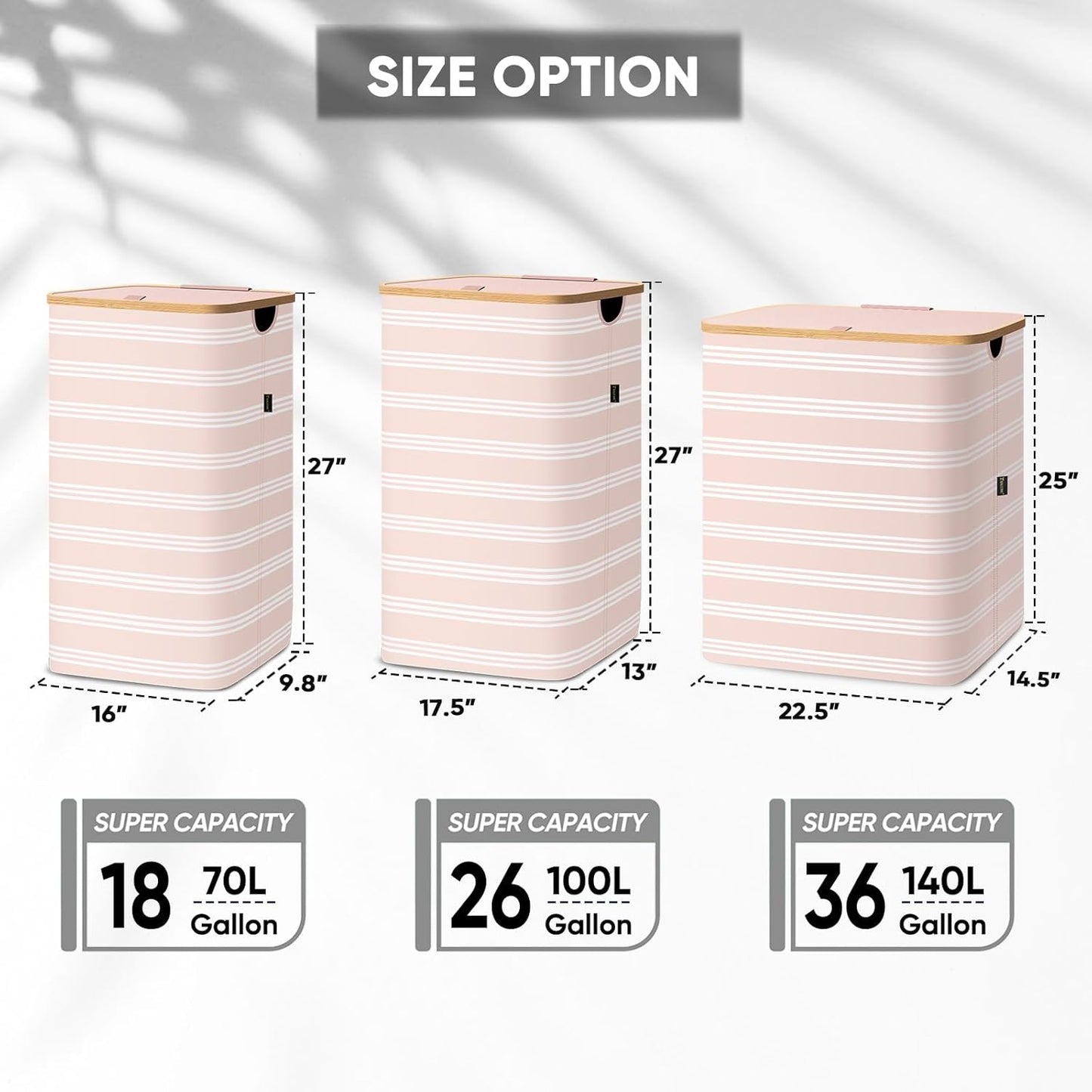 BALEINE Laundry Hamper with Lid, Tall Laundry Baskets with Bamboo Pull Handles, Large Laundry Bin with Internal Support (18 Gal/70L, Pink Pinstripe)