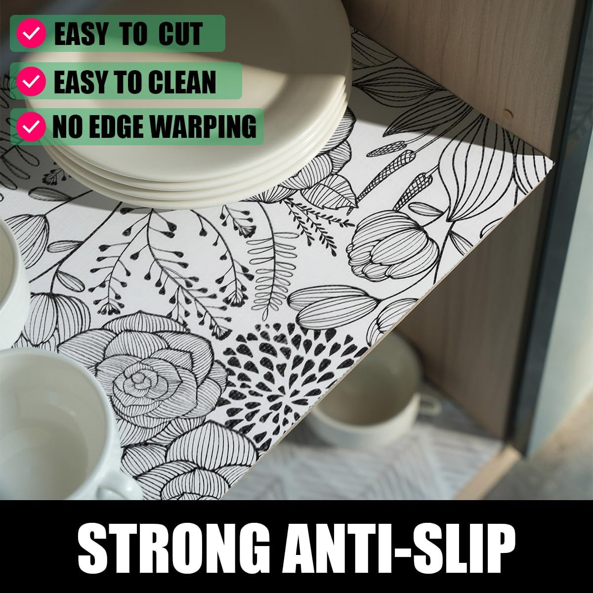 Shelf and Drawer Liner for Kitchen Cabinets, Non-Adhesive and Strong Non-Slip Floral Shelf Cabinet Drawer Liners, Waterproof Thickened Shelf Liner,Easy to Clean,Black and White,12IN x 10FT