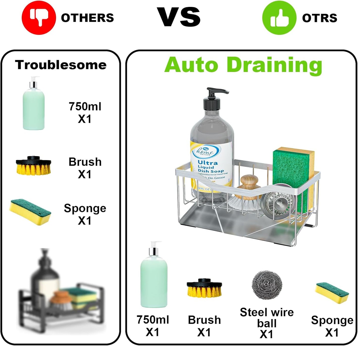 Vanwood Sponge Holder for Kitchen Sink with Auto Draining Tray, Sink Caddy Kitchen Sink Cocina Organizer, Self Drain Dish Soap Sponge Caddy for Counter (304 Sus Stainless Steel)