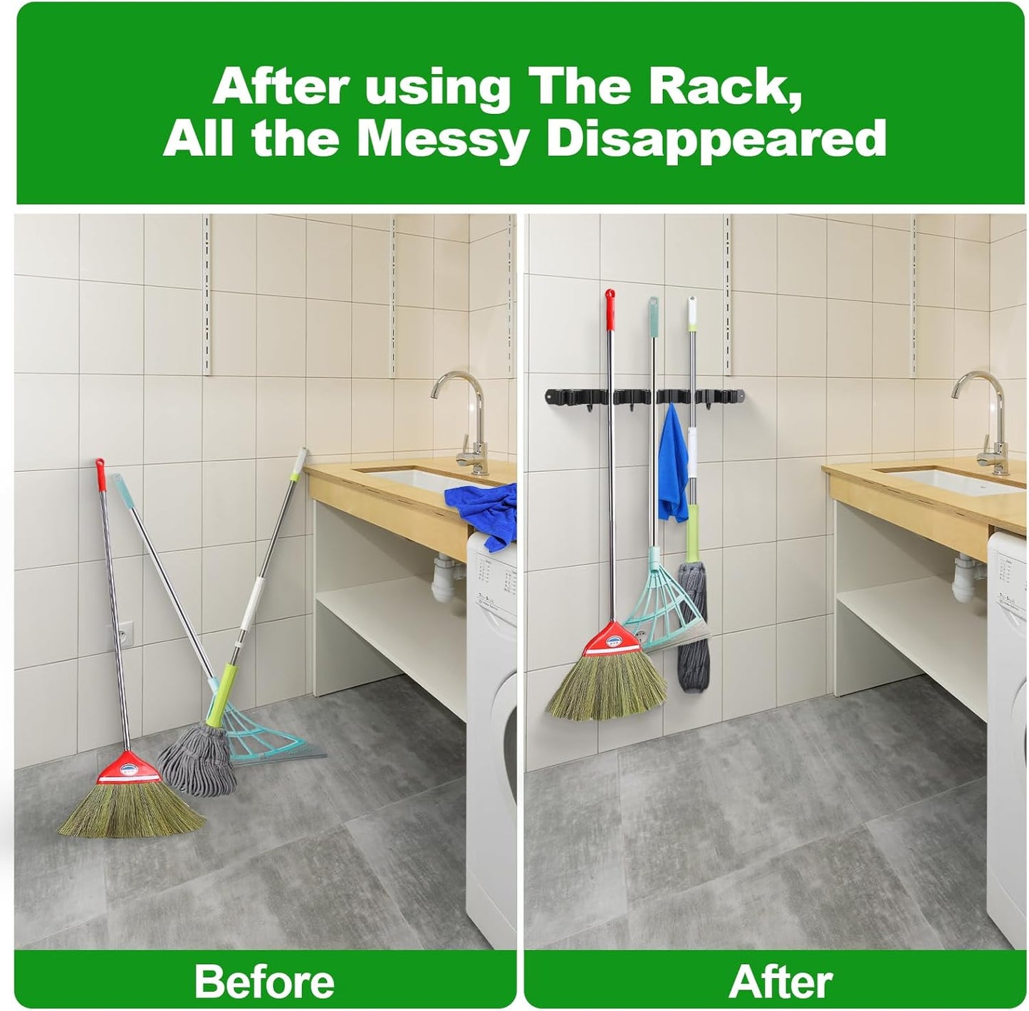 voze 3 Racks and 4 Hooks Mop and Broom Holder Wall Mount, Self Adhesive Heavy Duty Broom Organizer Storage Tool Racks for Kitchen Garden Laundry Garage