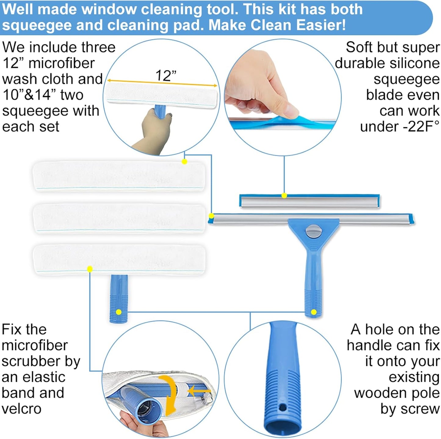 Window Squeegee Washing Kit for Shower Glass Door, Mirror and Window Cleaning, Extra 14'' Wide Squeegee and 2 Microfiber Scrubbers Included (Extension Pole not Included)