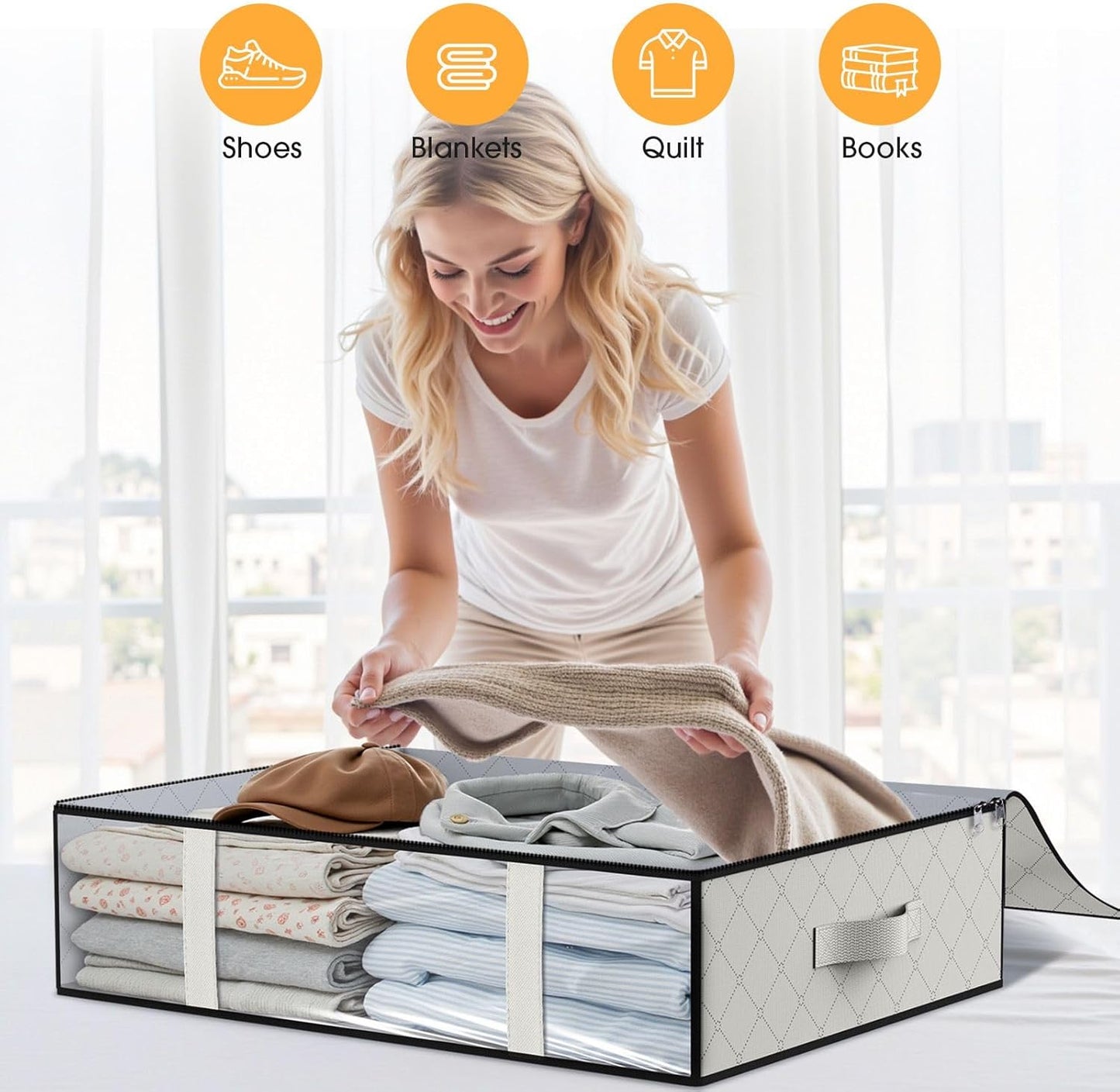 StorageRight Under Bed Storage Bins, 3-Pack 40L Foldable Fabric Storage Bags with Transparent Window, Breathable Organizer for Clothes/Blanket/Comforter/Quilt, White