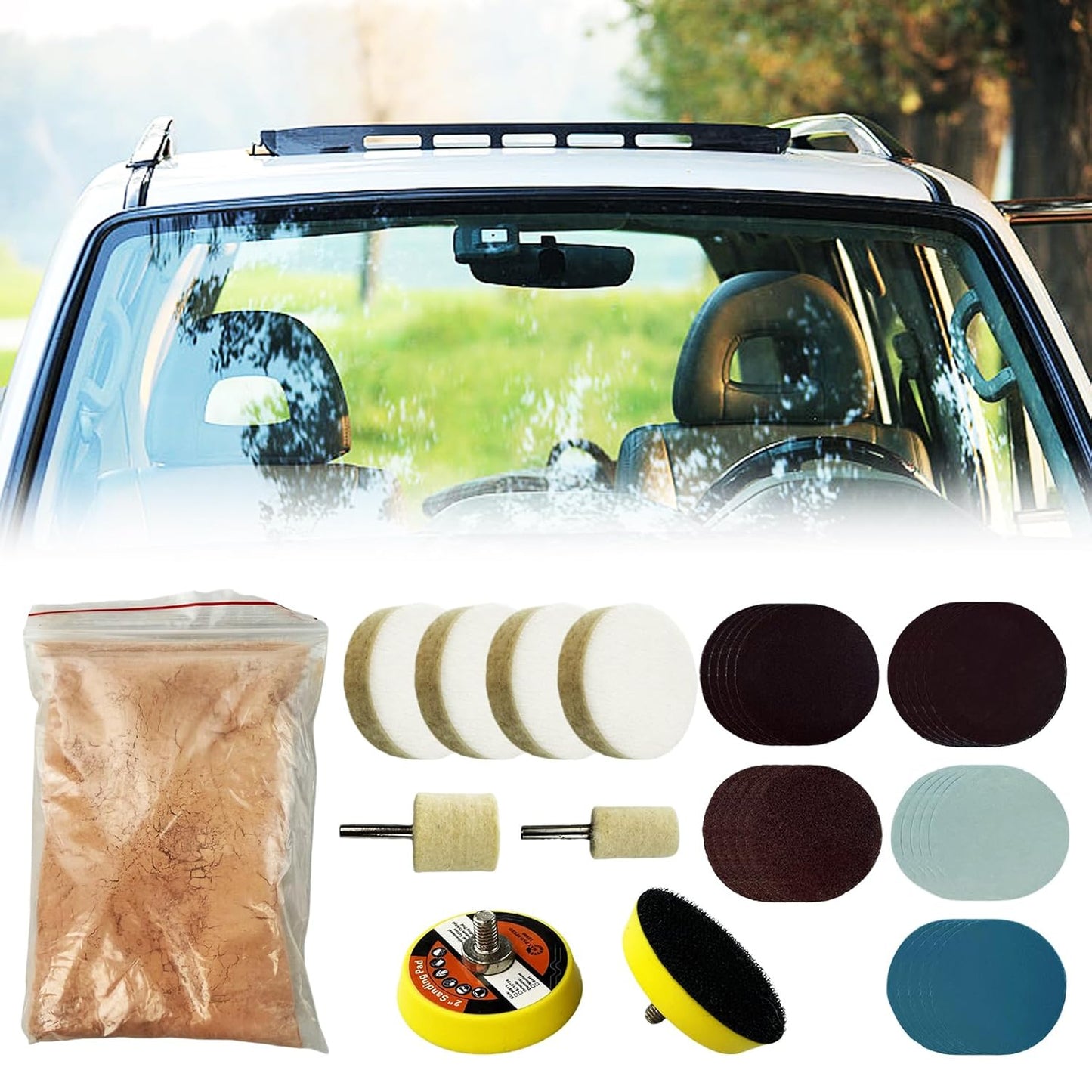 34Pcs Glass Polishing Kit, Multifunctional Scratch Remover Window Repair Tool for Window Repair, with Felt Polishing Wheel Polishing Disc Wool Polishing Pad and Cerium Oxide Polishing Powder