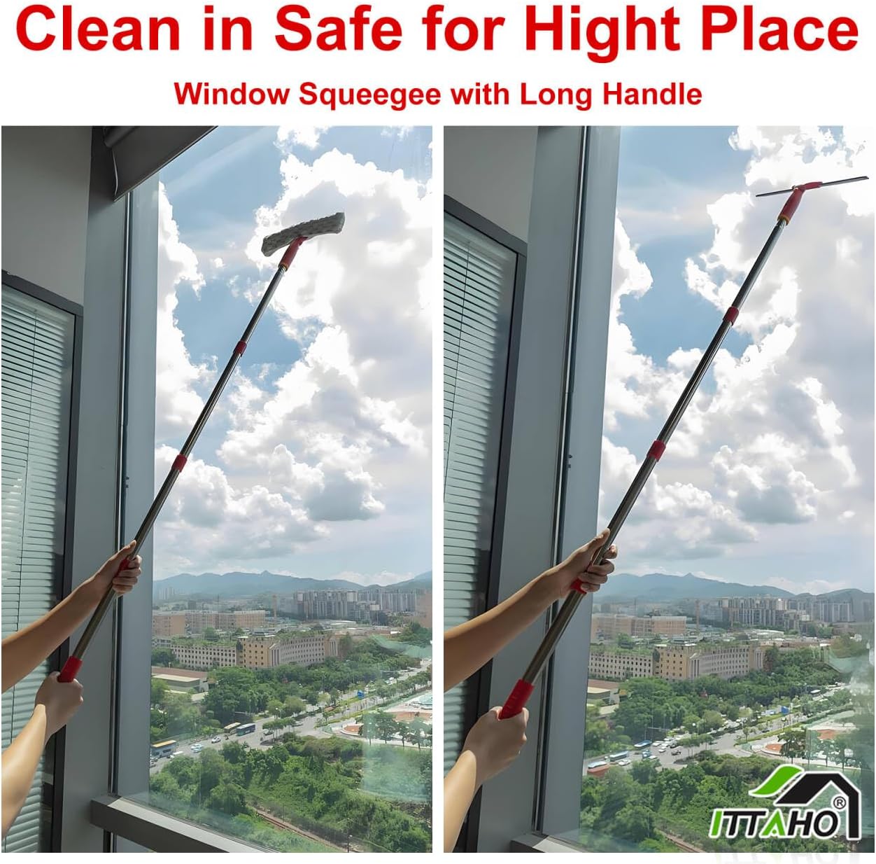 ITTAHO Squeegee for Window Cleaning, 12" Squeegee and 11" Microfiber Scrubber Combi with Stainless Steel Pole, Extendable Window Cleaner for Car, Sliding Door, Shower Glass Door-Swivel Style-2 Pads