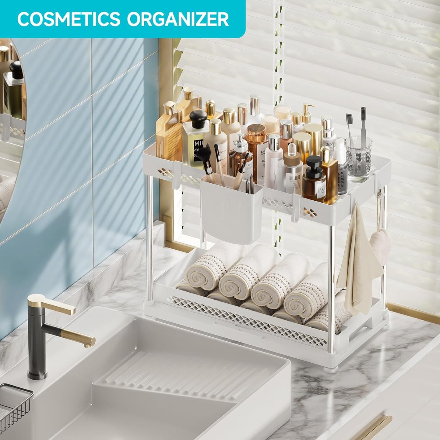 Under Sink Organizer, 2 Tier Pull Out Cabinet Organizer with Hooks Hanging Cup, Easy Installation & Rust-resistant, Multi-Purpose Storage Shelf for Kitchen Bathroom Pantry (White,1 Pack)