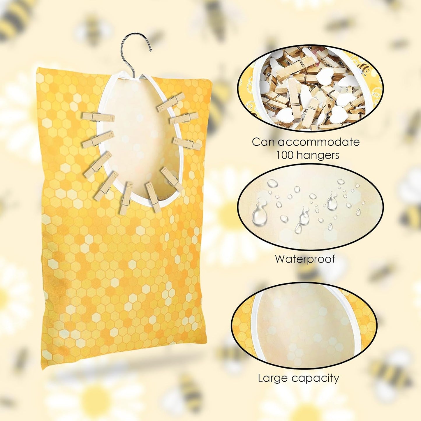 Bee Honeycomb Clothespin Holder - 2 Pcs Bee Clothes Pin Bags - 15 X 11 Inch - Clothes Hanging Bag for Laundry Room & Outdoor Use