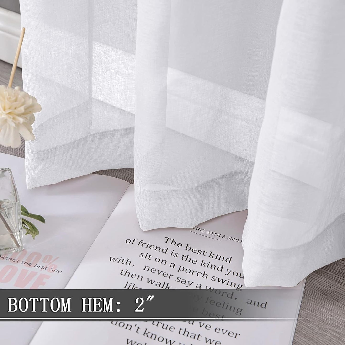 Tollpiz Short Sheer Curtains Linen Textured Living Room Curtain Sheers Light Filtering Rod Pocket Voile Curtains for Bedroom, 42 x 45 inches Long, White, Set of 2 Panels