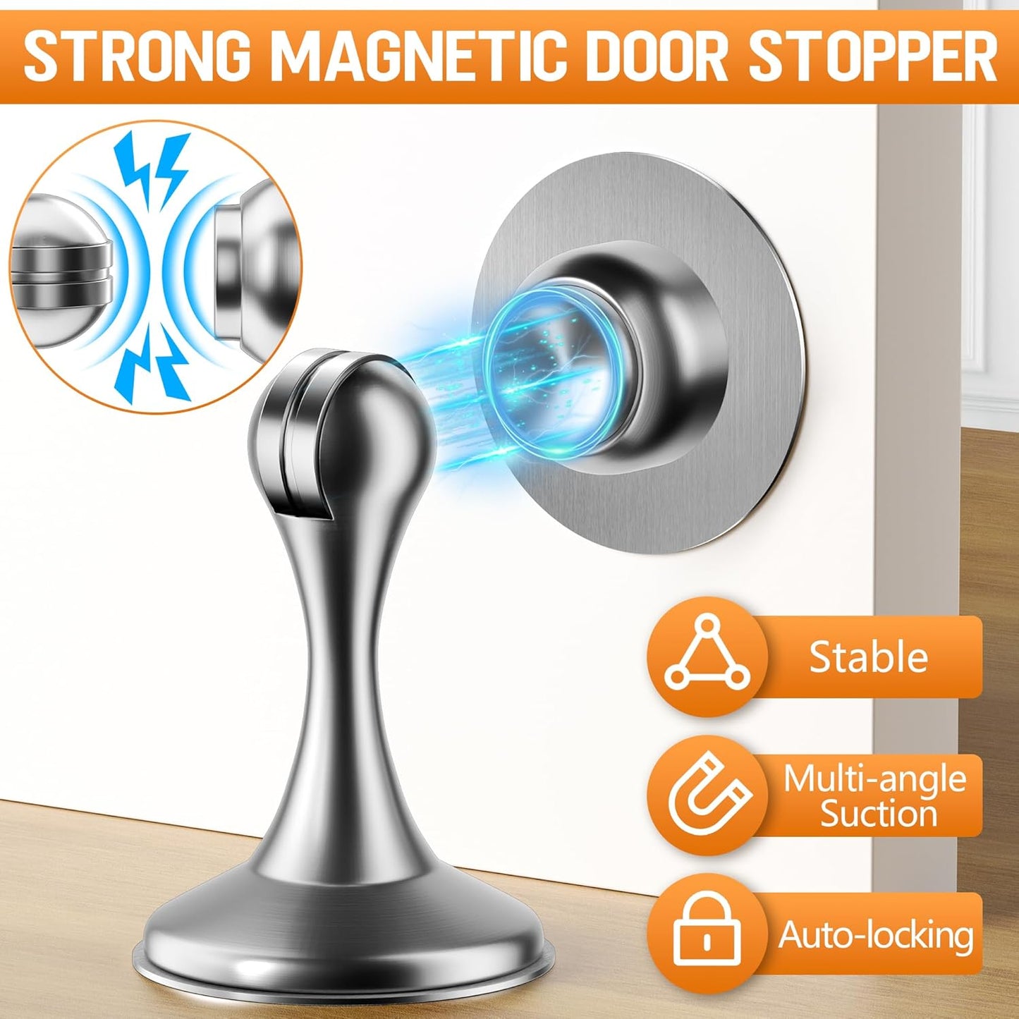 Crosize Magnetic Door Stoppers 4 Pack, Stainless Steel Door Catch for Wall and Floor Mounting, Door Holder Keep Door Open, No Drilling Door Stop with Adhesive Tapes, Silver